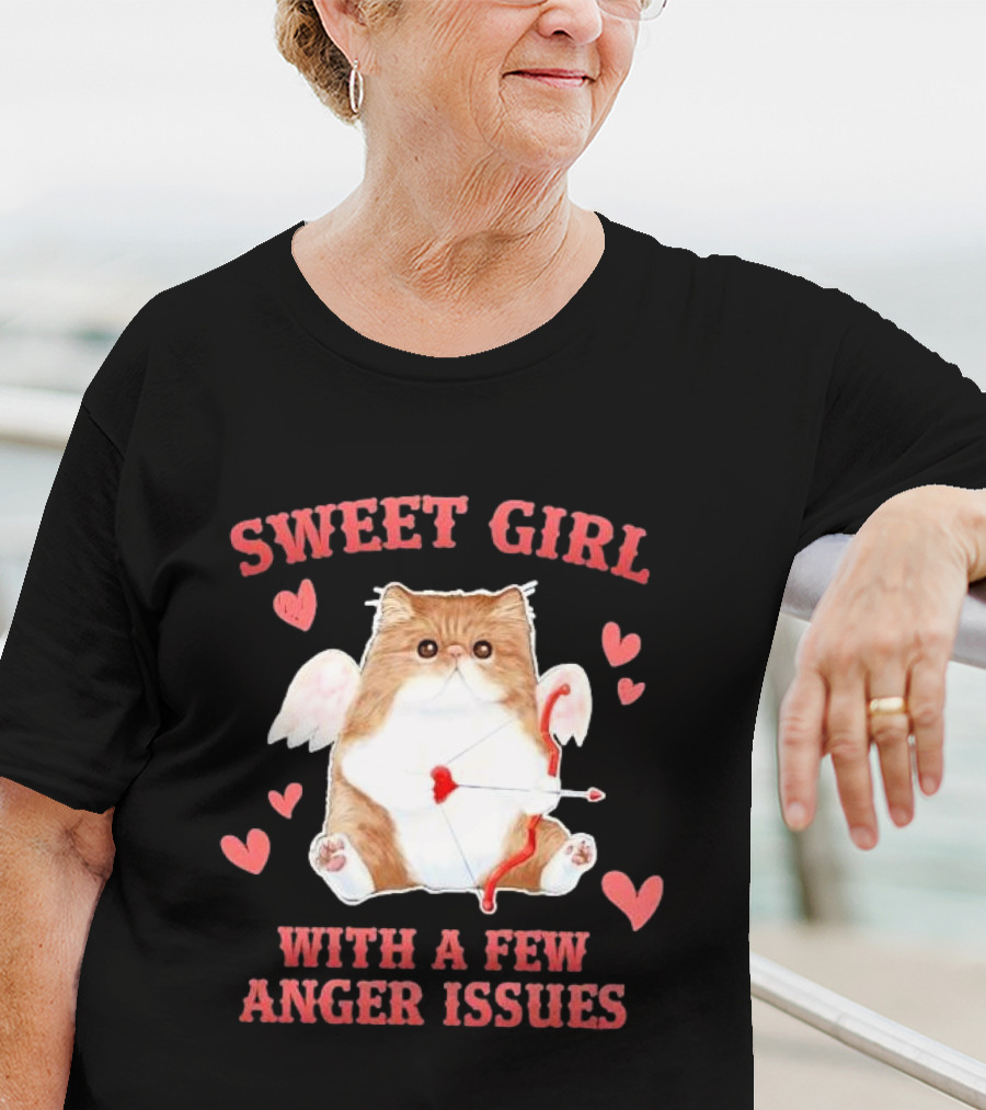 Sweet Girl With A Few Anger Issues Cat With Bow And Arrow Vintage Hearts T-Shirt