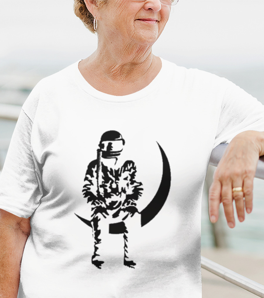 To The Stars Moon Man Astronaut Sitting On Crescent Ocean Blue T-Shirt