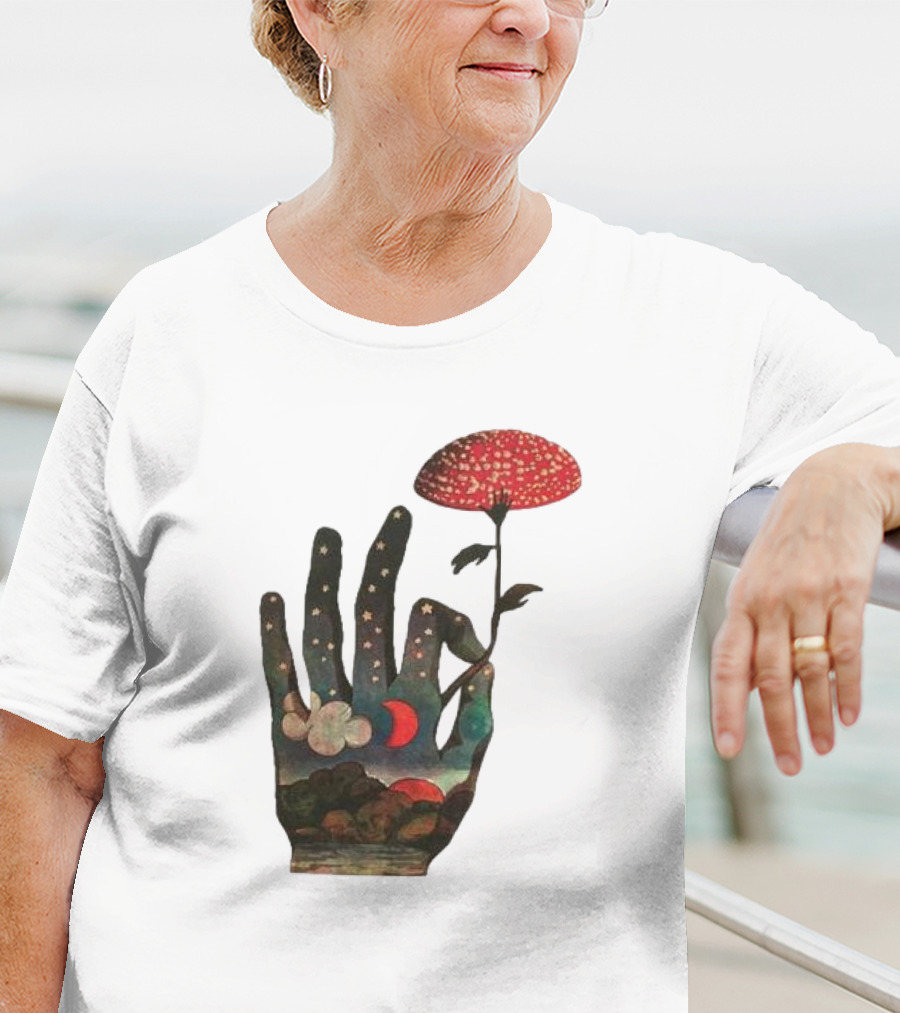 Fly Agaric Psychedelic Hand With Night Sky And Moon T-Shirt