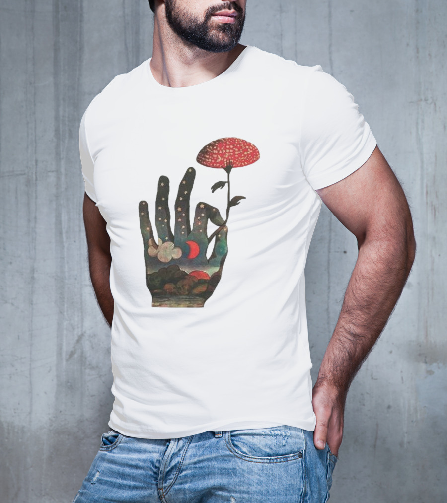 Fly Agaric Psychedelic Hand With Night Sky And Moon T-Shirt