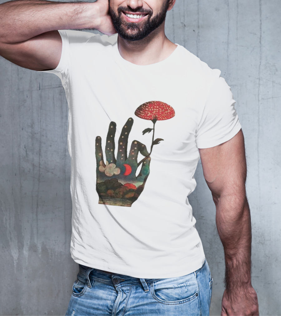 Fly Agaric Psychedelic Hand With Night Sky And Moon T-Shirt