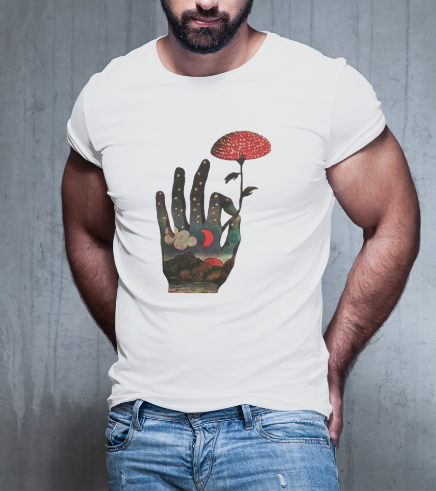 Fly Agaric Psychedelic Hand With Night Sky And Moon T-Shirt