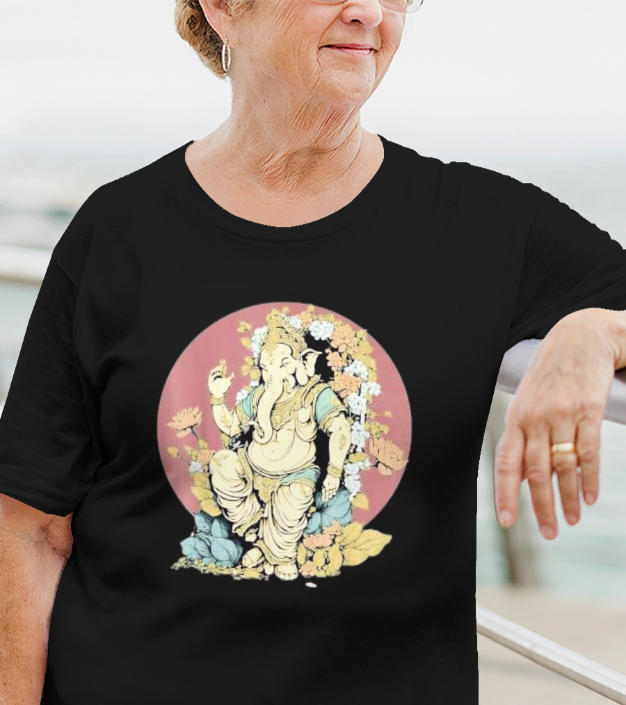 New Rare Hindu God Floral Elephant Deity Lord Ganesh Lotus Flowers Iconic T-Shirt
