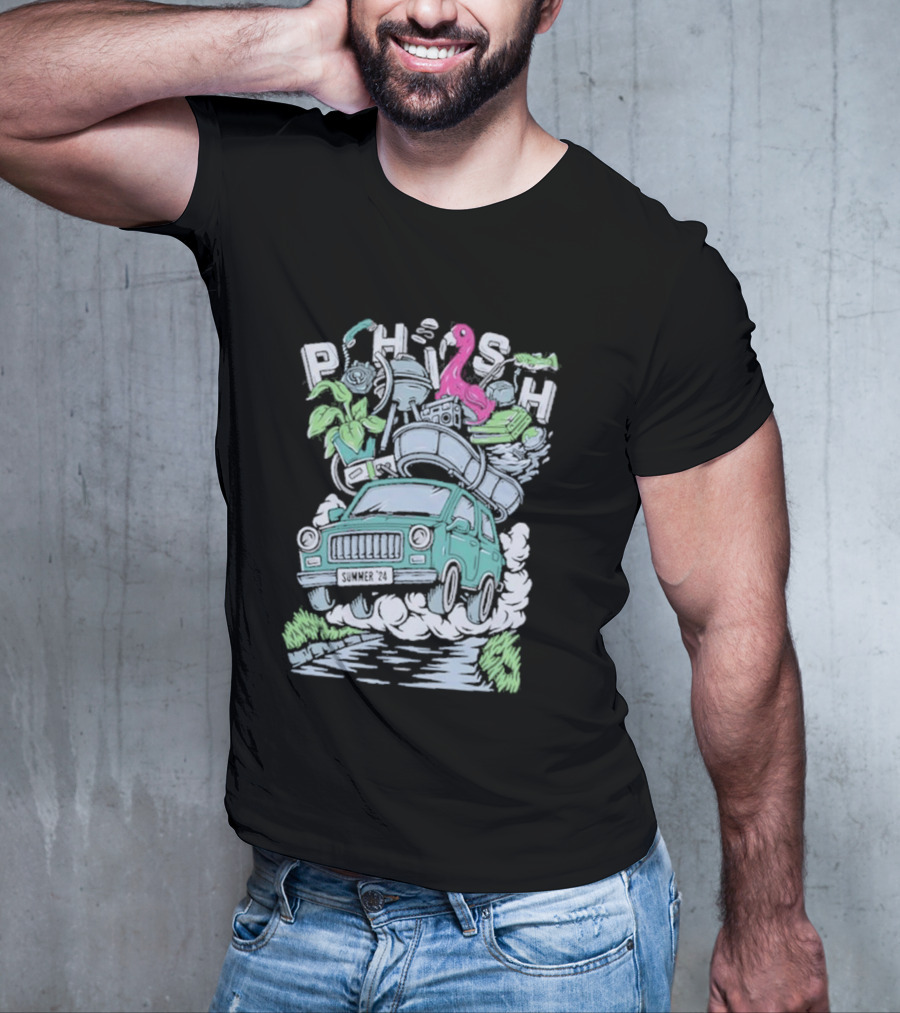 Phish Summer 24 Impossible Road Trip Van With Flamingo And Floating Gear T-Shirt