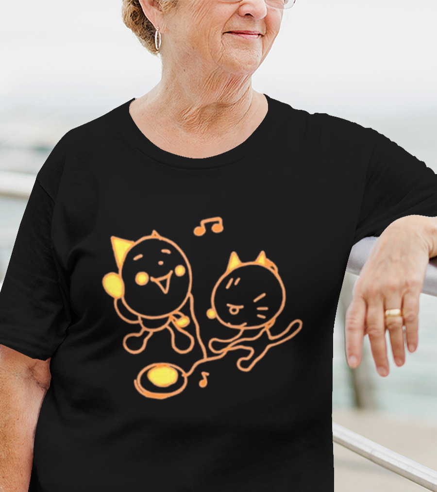 Pixlotl Cat Characters With Music Notes And CD Player T-Shirt