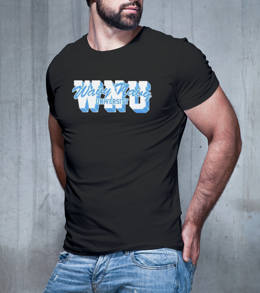 Wavy Navy University WNU Bold 3D Bold Blue Text T-Shirt