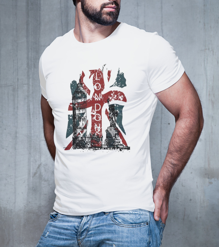 Retro London England Flag Big Ben Statue Liberty T-Shirt
