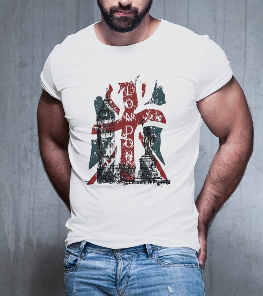 Retro London England Flag Big Ben Statue Liberty T-Shirt