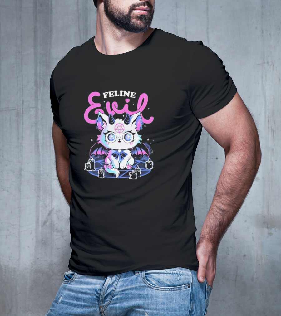 Feline Evil Cute Devil Cat With Pentagram And Bat Wings T-Shirt