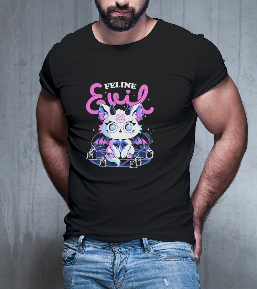Feline Evil Cute Devil Cat With Pentagram And Bat Wings T-Shirt