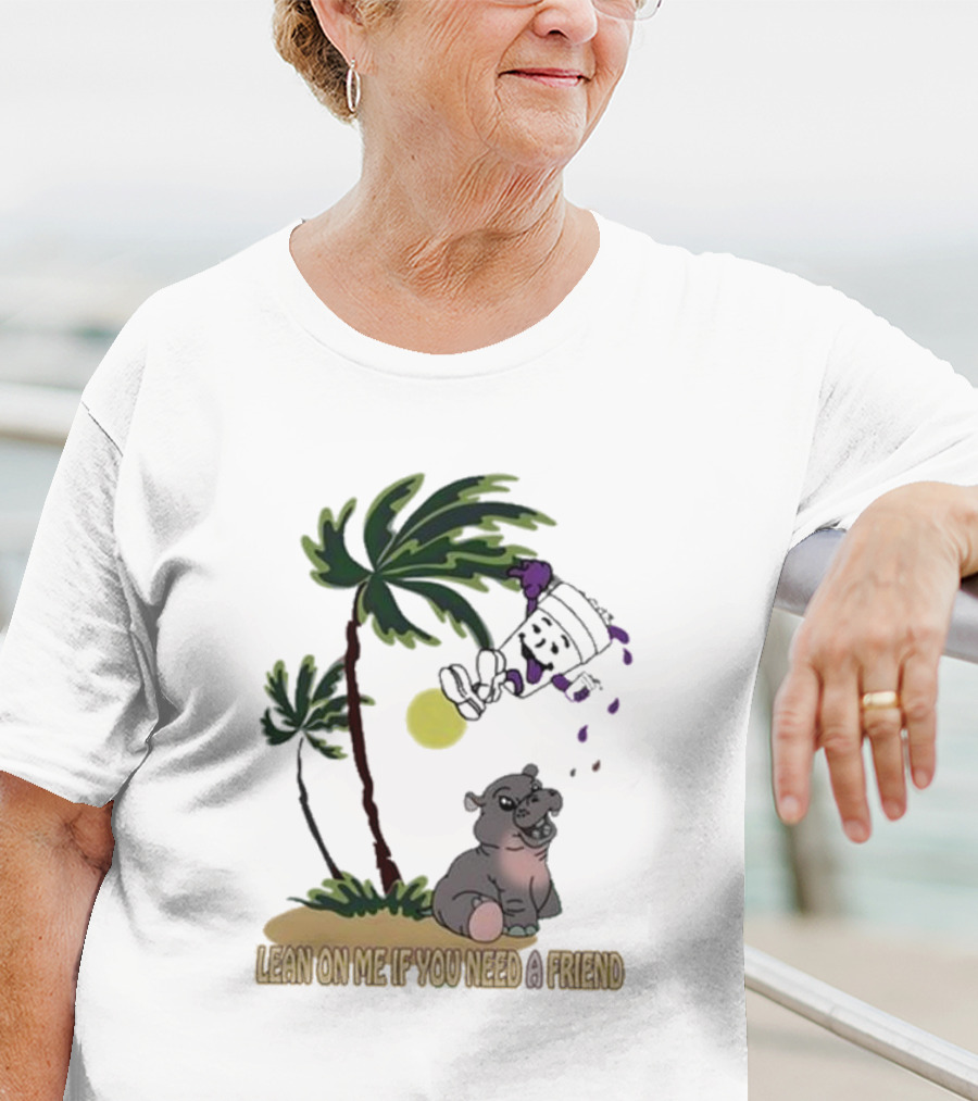 Grapejuiceboys Lean On Me If You Need A Friend Moo Deng Palm Tree Tropical Scene T-Shirt