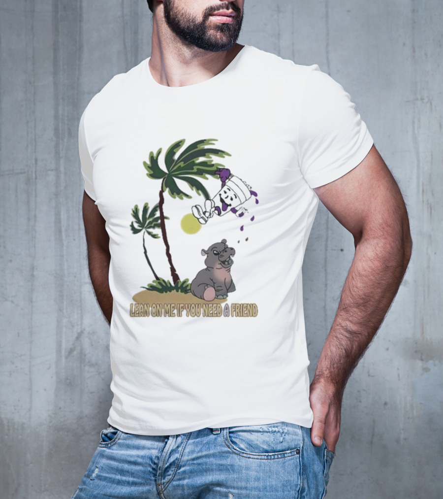 Grapejuiceboys Lean On Me If You Need A Friend Moo Deng Palm Tree Tropical Scene T-Shirt