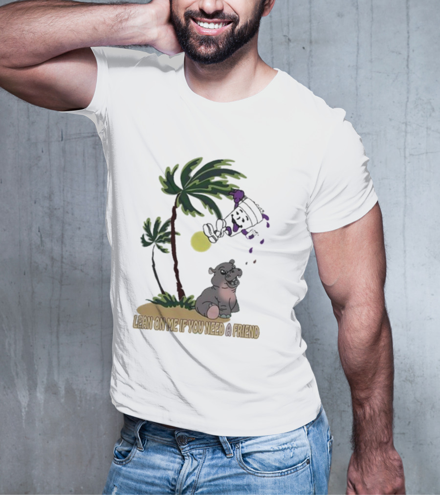 Grapejuiceboys Lean On Me If You Need A Friend Moo Deng Palm Tree Tropical Scene T-Shirt