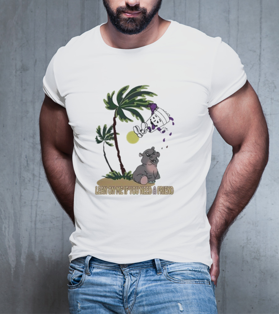 Grapejuiceboys Lean On Me If You Need A Friend Moo Deng Palm Tree Tropical Scene T-Shirt