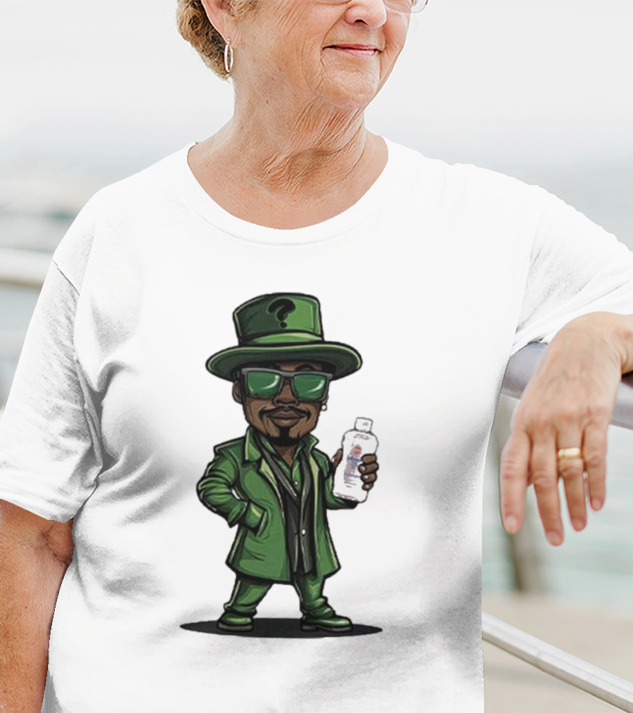 Little Diddler Holding Baby Oil In Green Outfit With Question Mark Hat T-Shirt