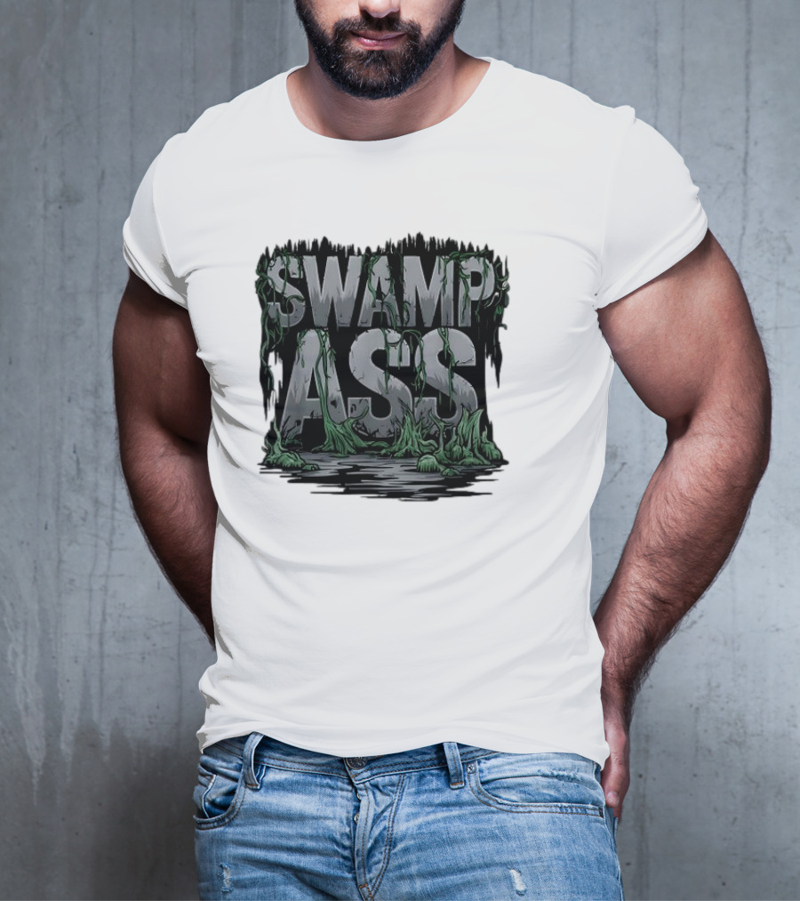 SWAMP ASS Moss-Covered Letters With Water And Grass T-Shirt