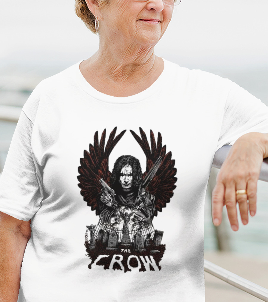 The Crow Winged Figure With Cemetery Background And Gothic Text The Crow T-Shirt