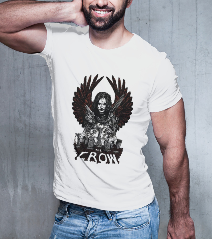 The Crow Winged Figure With Cemetery Background And Gothic Text The Crow T-Shirt