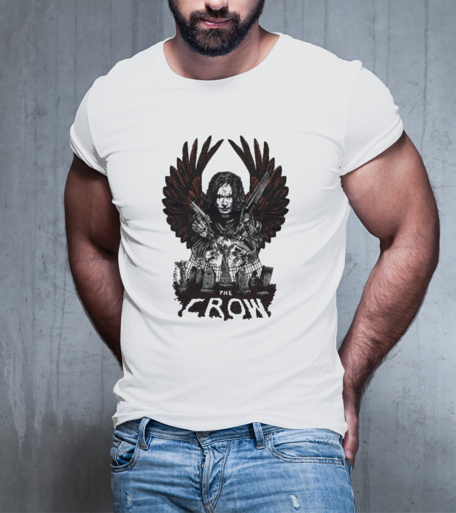 The Crow Winged Figure With Cemetery Background And Gothic Text The Crow T-Shirt
