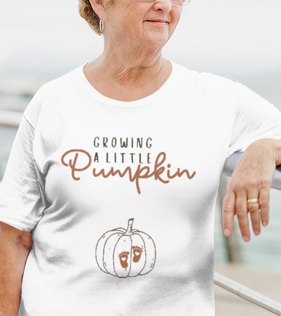 Growing A Little Pumpkin Pregnancy Announcement With Baby Footprints T-Shirt
