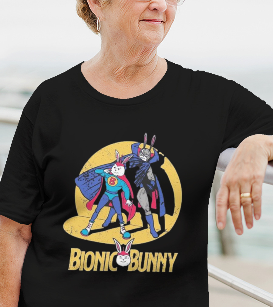 Bionic Bunny Superhero Duo With Colorful Cape And Moon Background T-Shirt