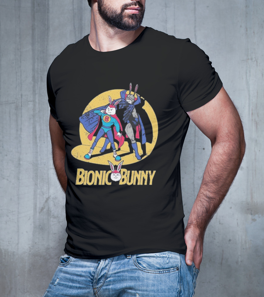 Bionic Bunny Superhero Duo With Colorful Cape And Moon Background T-Shirt