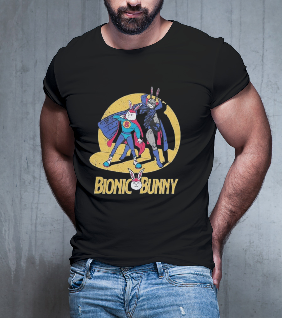Bionic Bunny Superhero Duo With Colorful Cape And Moon Background T-Shirt