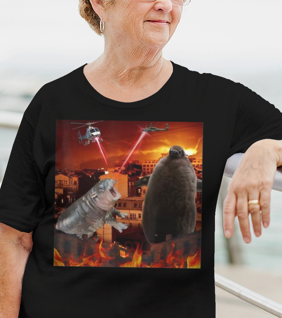 Moo Deng And Pesto Battle Urban Showdown With Helicopters And Laser Beams T-Shirt