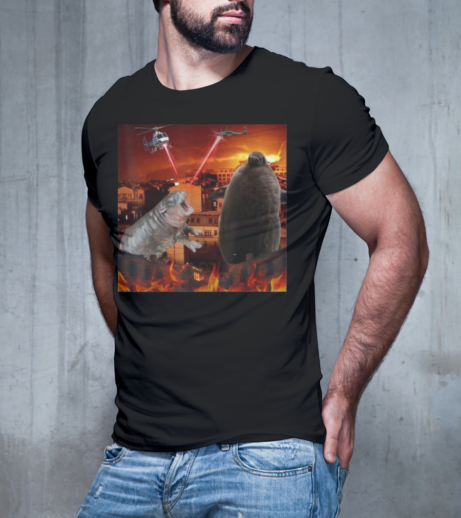 Moo Deng And Pesto Battle Urban Showdown With Helicopters And Laser Beams T-Shirt