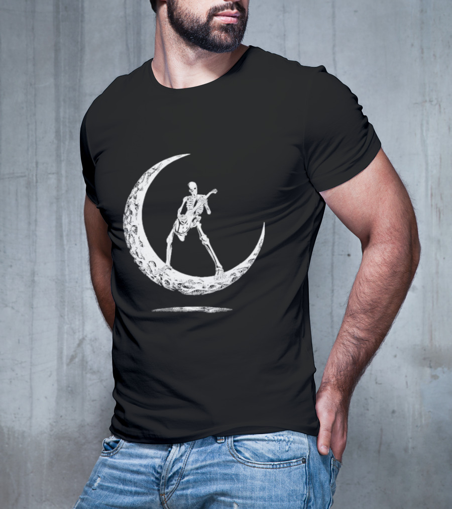 Skeleton Playing Guitar On Crescent Moon Rock And Roll Band T-Shirt