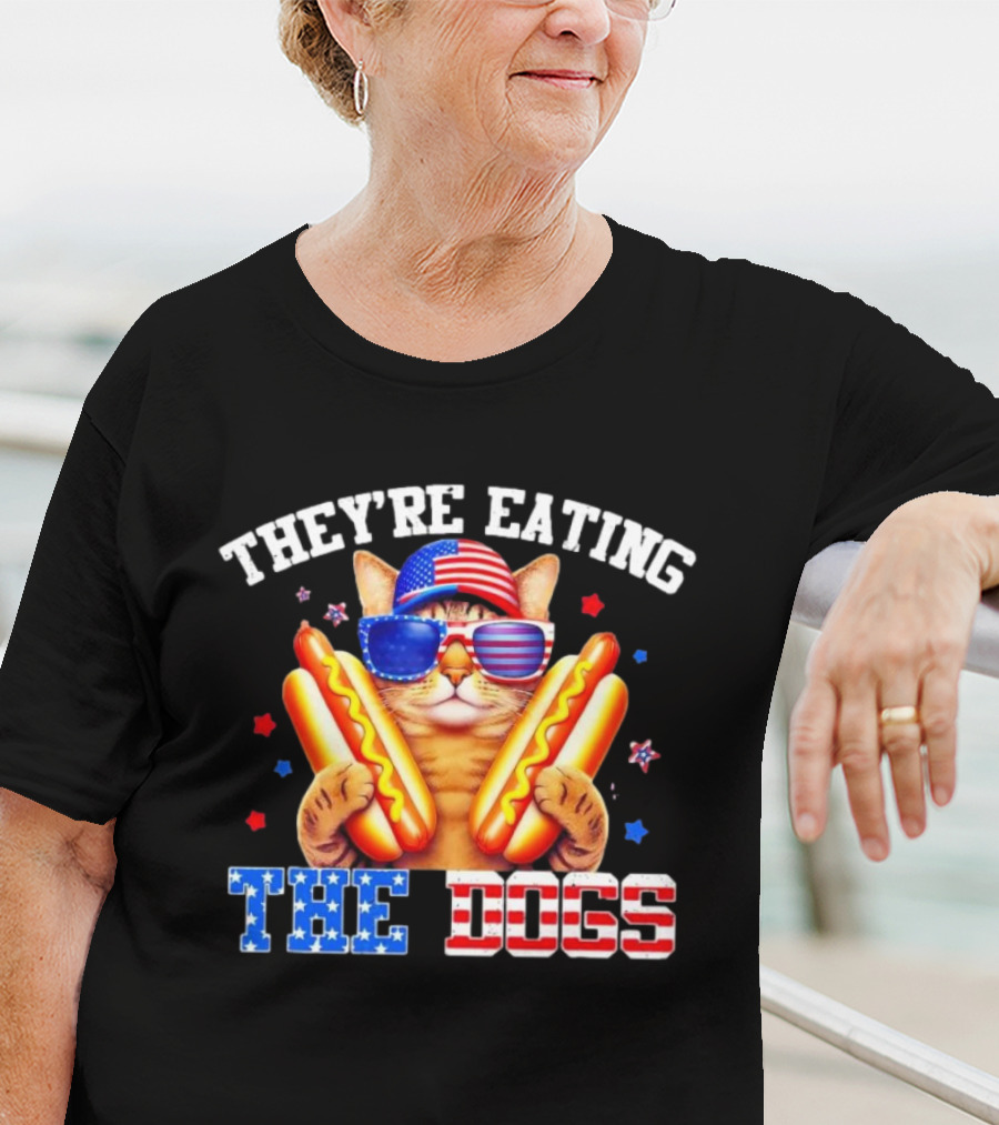 They’re Eating The Dogs Patriotic Cat With Hotdogs And American Flag Sunglasses T-Shirt