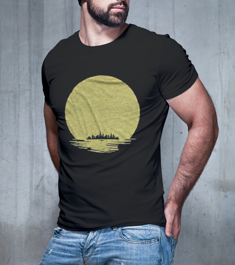 Michigan Skyline Reflected Under Golden Moon T-Shirt