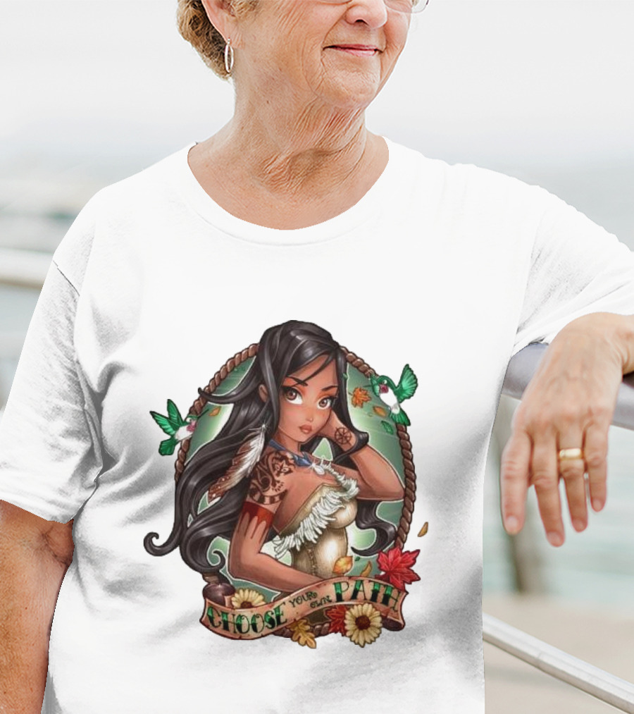Pocahontas Choose Your Own Path Autumn Leaves Green Hummingbirds Tattoo Flowers T-Shirt