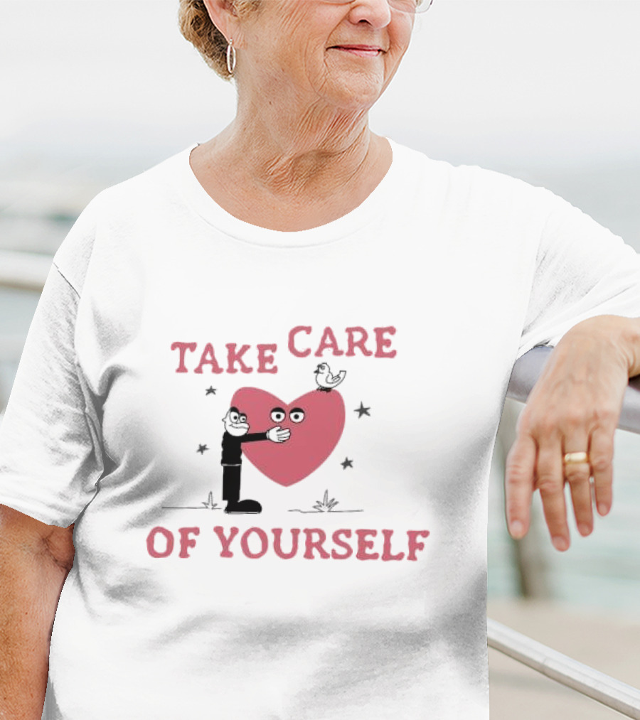 Take Care Of Yourself Heart With Cartoon Character And Bird T-Shirt