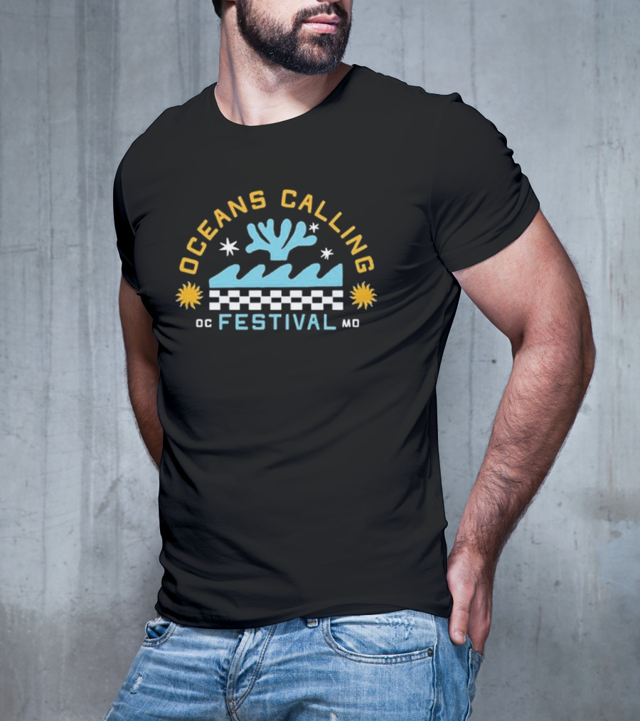 Oceans Calling Festival OC Festival MD Checkered Waves And Stars T-Shirt