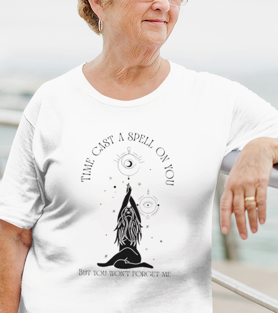 Time Cast A Spell On You But You Won’t Forget Me Mystical Yoga Pose With Celestial Symbols T-Shirt