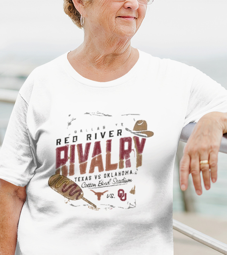 Red River Rivalry Texas Longhorns Vs. Oklahoma Sooners Corn Dog Dallas Cotton Bowl Stadium T-Shirt