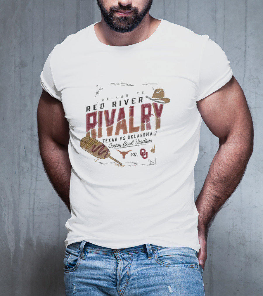Red River Rivalry Texas Longhorns Vs. Oklahoma Sooners Corn Dog Dallas Cotton Bowl Stadium T-Shirt
