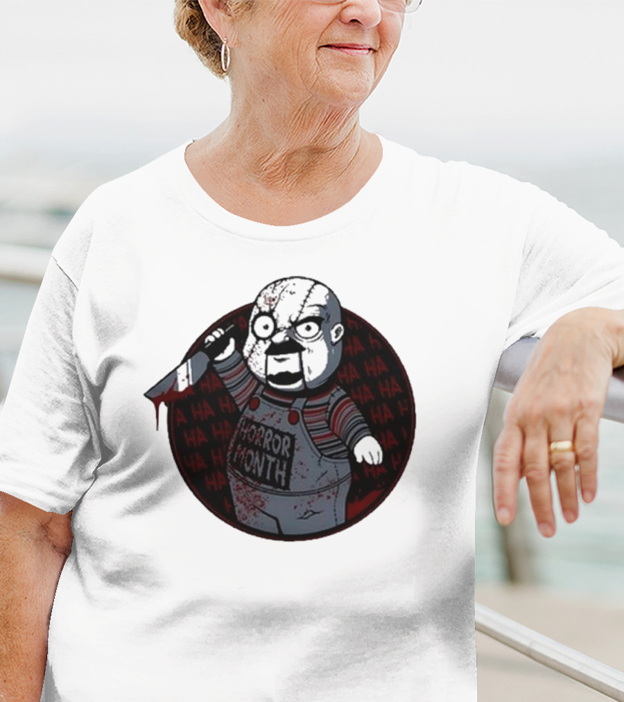 Horror Month Screen Printed Bloody Knife HA HA Masked Character T-Shirt