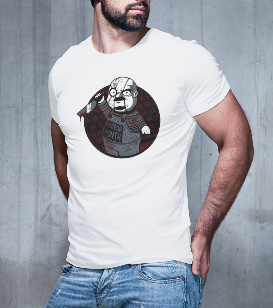 Horror Month Screen Printed Bloody Knife HA HA Masked Character T-Shirt