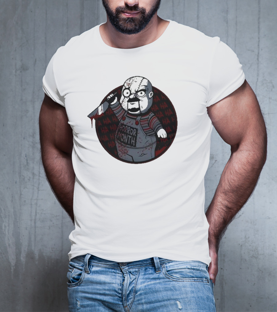 Horror Month Screen Printed Bloody Knife HA HA Masked Character T-Shirt