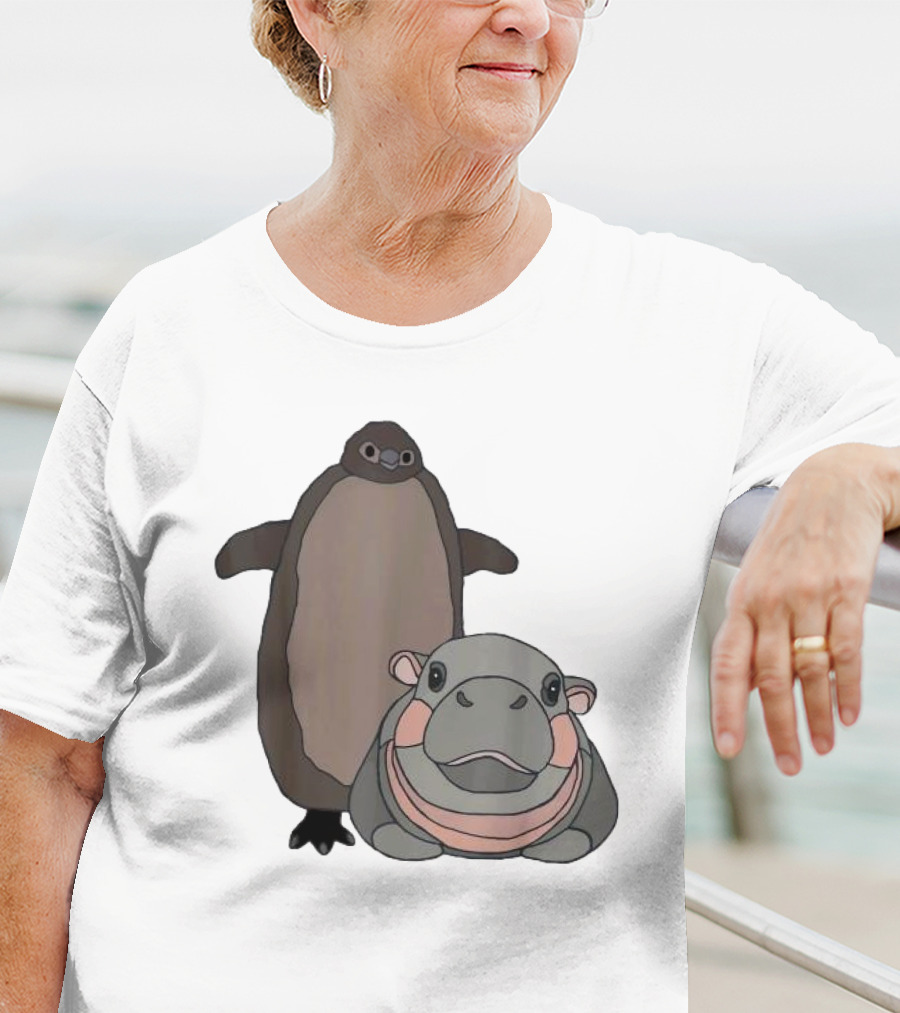 Pesto The Penguin And Moo Deng The Baby Hippo Cartoon Characters T-Shirt