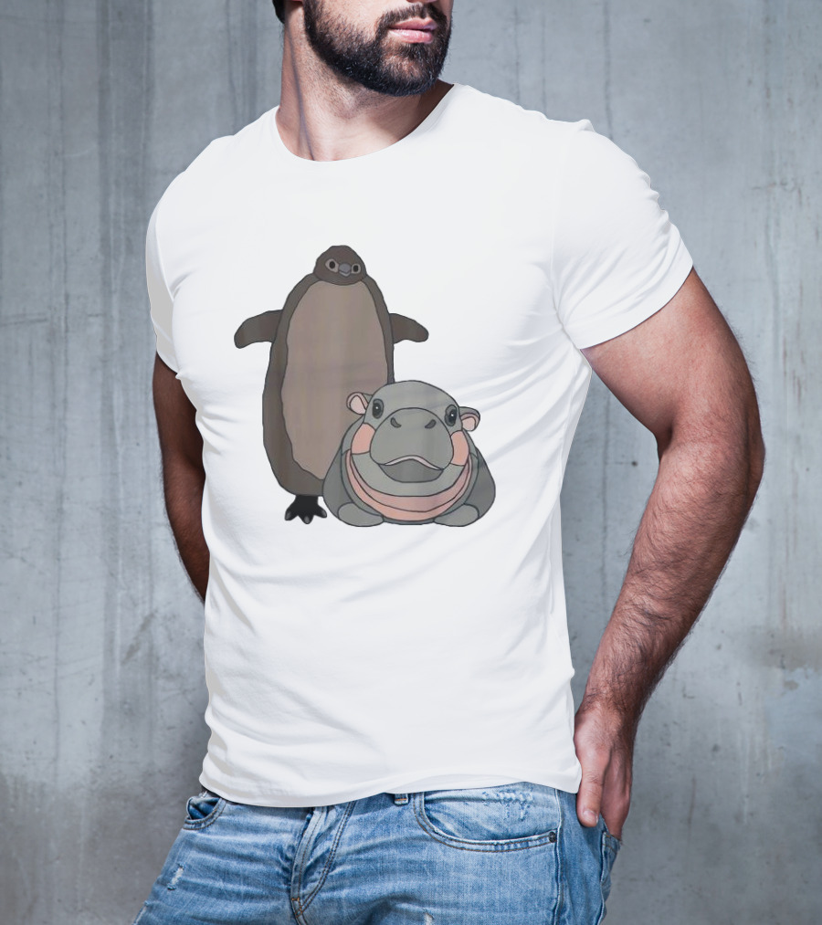 Pesto The Penguin And Moo Deng The Baby Hippo Cartoon Characters T-Shirt