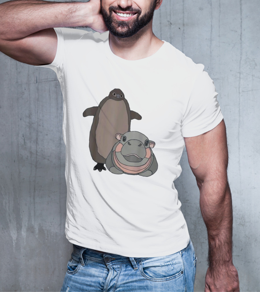 Pesto The Penguin And Moo Deng The Baby Hippo Cartoon Characters T-Shirt