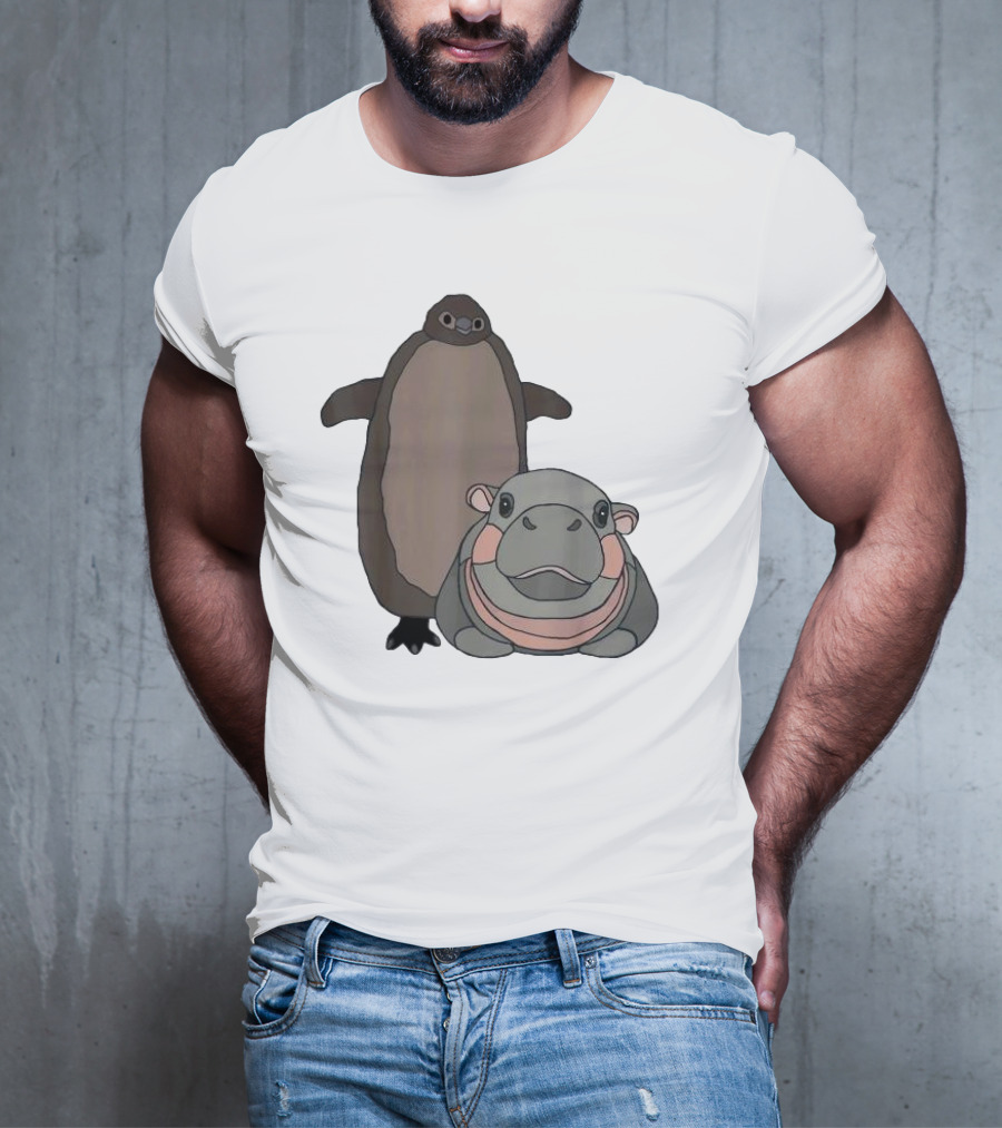 Pesto The Penguin And Moo Deng The Baby Hippo Cartoon Characters T-Shirt