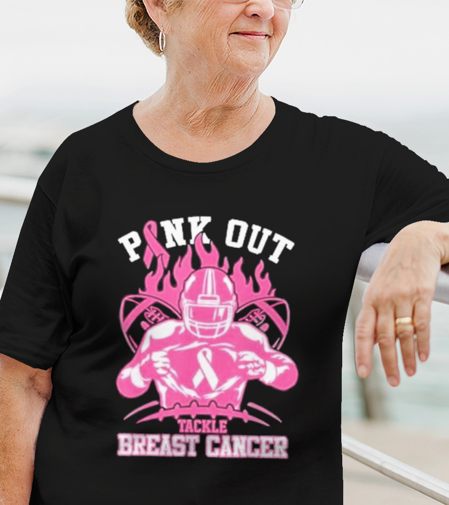 Pink Out Tackle Breast Cancer Awareness Football Player Ribbon Flames T-Shirt