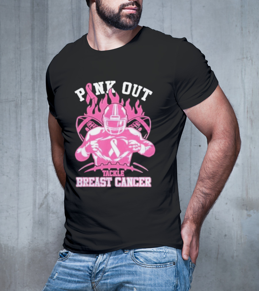 Pink Out Tackle Breast Cancer Awareness Football Player Ribbon Flames T-Shirt