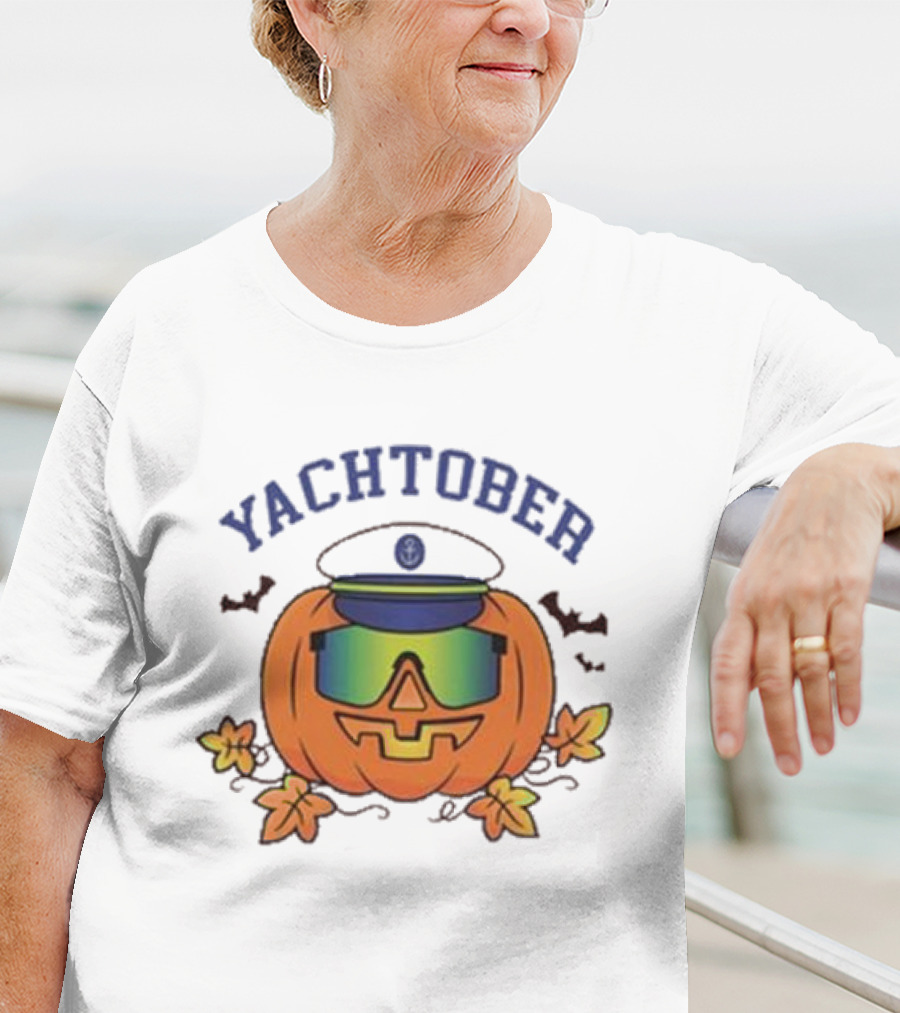 Yachtober Captain Pumpkin With Sunglasses And Bats T-Shirt
