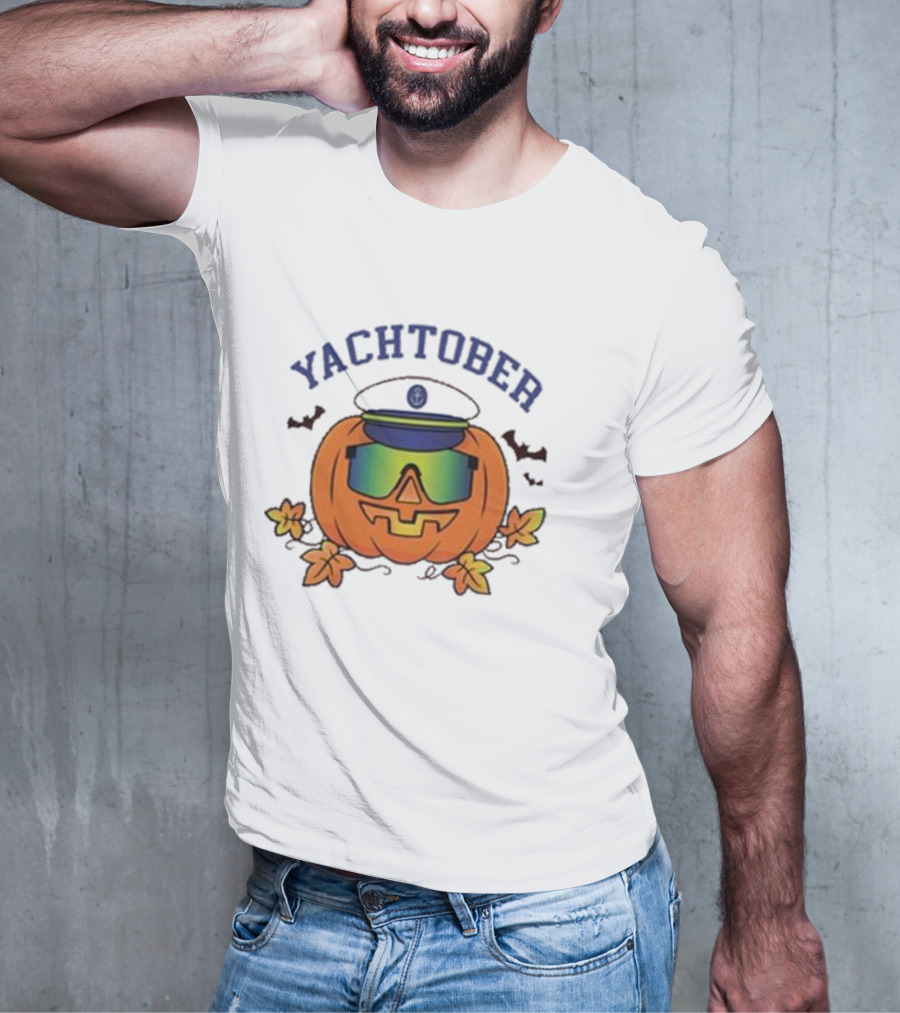 Yachtober Captain Pumpkin With Sunglasses And Bats T-Shirt