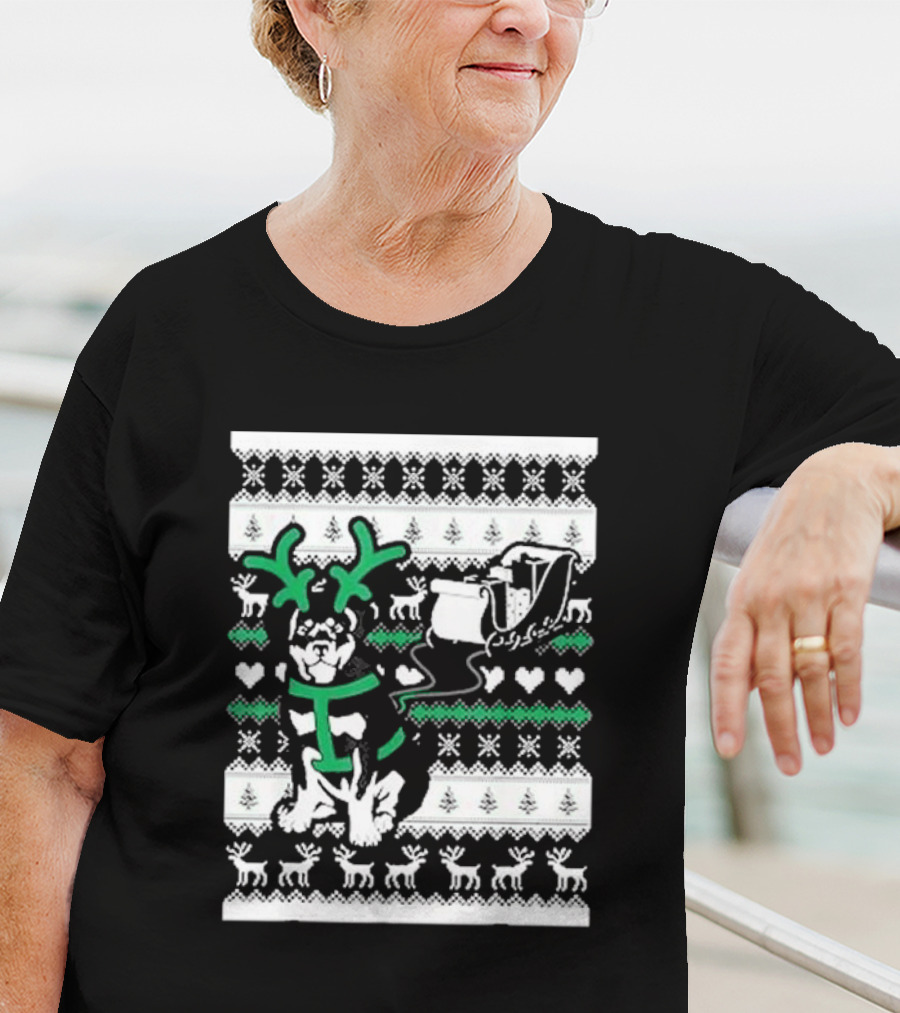 Christmas German Shepherd Wearing Antlers Pulling Santa Claus Sleigh Ugly T-Shirt